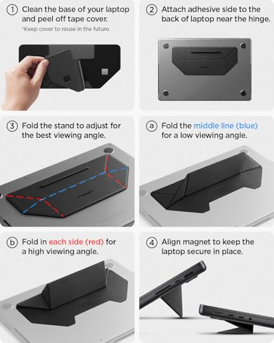 Spigen Slim Fold Adhesive Laptop Stand Foldable Portable Dual Ergonomic Angle Adjustment Lift Anti-Slip Compatible with MacBook Neo, MacBook Air, MacBook Pro 11"-16" and More - Black (LD201-S3) | Dual Ergonomic Angle Adjustment Lift Anti-Slip for MacBook