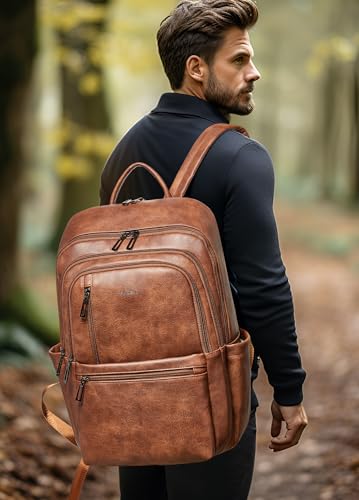 17 inch Leather Laptop Backpack for Women, Large Travel Backpack with 6 Compartments, Vegan Leather Computer backpack purse for Work Casual Daypack College - color: Brown