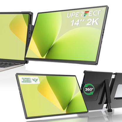 UPERFECT Laptop Screen Extender, 2K 14" 360° Unique Swivel Hinge | 180° Automatic Rotation, 2240x1400 QHD IPS Portable Monitor for 14"-17'' Laptops, USB-C & MINI HDMI (Only One Screen) - size: 14