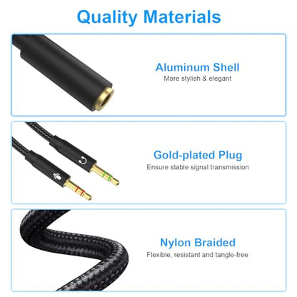 Headphone Mic Splitter Cable, 3.5mm TRRS Female to Dual TRS Male Mic Audio Adapter Cord Compatible with HyperX Cloud II/Alpha/Core, Astro A10/A40