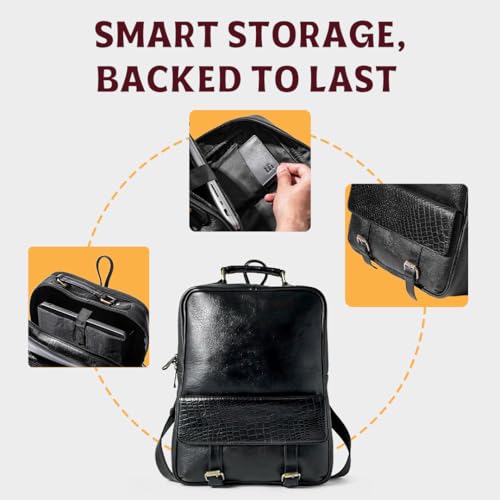 15.6" Luxury Black Leather Laptop Backpack for Men & Women. Leather Bag for Professional Use in Office & Business - color: Black
