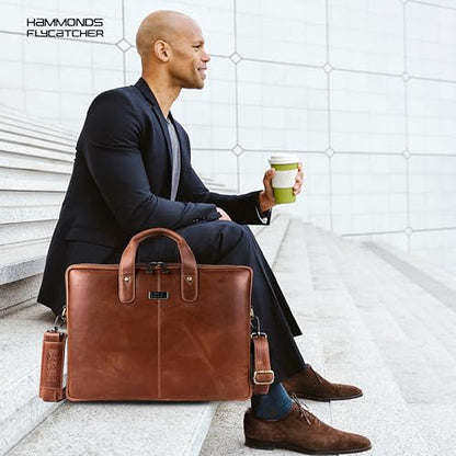 HAMMONDS FLYCATCHER Genuine Leather Laptop Bag for Men, Padded 15.6" Laptop Sleeve, Leather Messenger Bag for Men Briefcases - color: Metallic Tan
