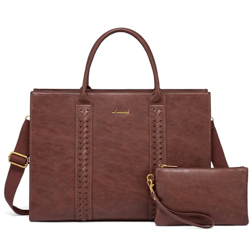 LOVEVOOK Laptop Tote Bag for Women, Vintage Leather Work Bags 15.6 inch Laptop Bag, Waterproof Professional Computer Bag Business Office Briefcase Large Shoulder Bag Handbag - color: Chestnut-brown, size: 15.6 Inch