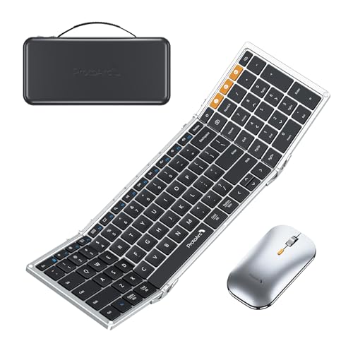 ProtoArc XKM01 Full-Size Foldable Keyboard Mouse for Travel - Black Silver | 105-key keyboard, slim mouse, hard case and phone stand; 3-device Bluetooth & 2.4G switching, for travel office use - color: Black Silver