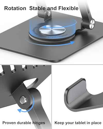 JUANWE Swivel iPad Stand for Desk, Aluminum Tablet Stand for Desk | 360 Rotating Base, Adjustable & Foldable iPad holder, Compatible with Tablets, Switch, Kindle, Phone