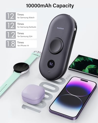 Portable Charger for Samsung Watch Ultra 2/8/7/6/5, 10000mAh Power Bank | Built-in Cables and AC Wall Plug, Travel Battery Pack for iPhones and Samsung Phones, SwanScout 302S