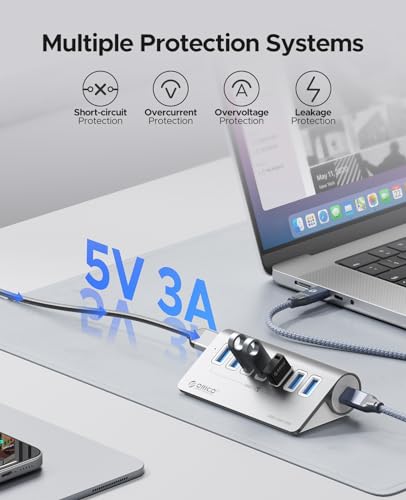 ORICO 7-Port USB 3.2 Gen2 Hub, Desktop USB 3.2 Hub with 7 USB-A Ports, 5V 3A Power Supply Port, 10Gbps Aluminium USB-Splitter with 1.64Ft USB-C to USB-A/C Cable for iMac, MacBooks, Mac mini - size: 50cm, style: M3U7
