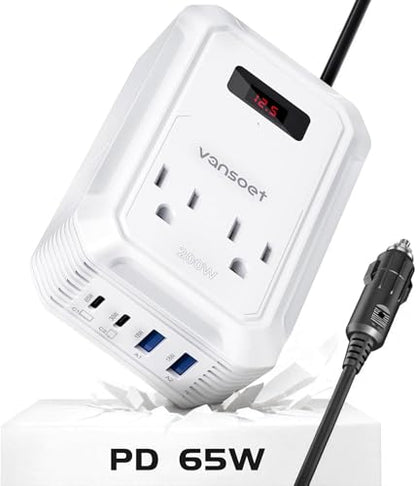 200W Car Power Inverter DC 12V to 110V AC Inverter with PD 65W/30W USB C & 2 QC 18W USB Ports & 2 AC Outlets,Car Pluɡ Adapter Outlet for Laptop/Phone/Road Trip - color: White