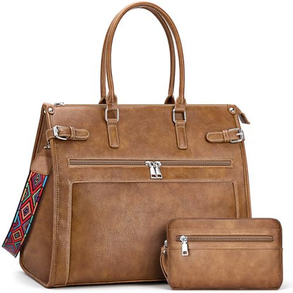 SYTRAH Laptop Tote Bag for Women, 15.6 inch Computer Purse | Faux Leather Laptop Tote with Satchel Purse, Fits 15.6" Laptop, 9-Pocket Organizer, 3-Way Convertible,Work & Casual - color: Brown