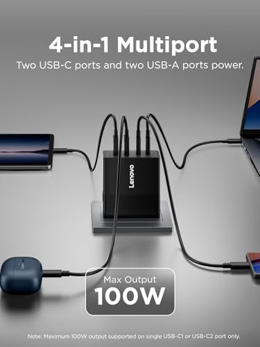 Lenovo 100W USB C Charger, 4-Port Multi-Device Fast Charging, Black GaN Power Block with 240W Cable, for Thinkpad, MacBook, Dell XPS, iPhone, Samsung - size: 4 Port - 100 W
