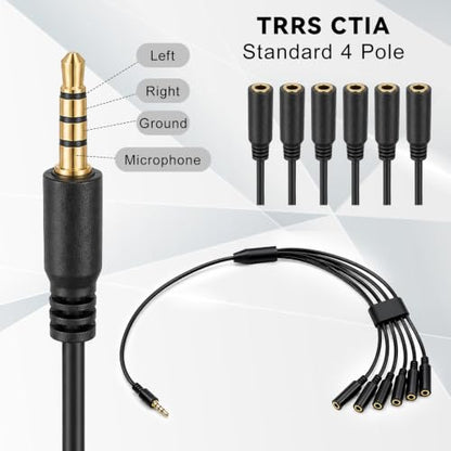 3.5mm Aux Headphone Splitter, Audio Jack Splitter 1 to 6 Ways 1/8inch Male to 6 Female Audio Headphone Cord for Phone Laptop Headset 1.5ft