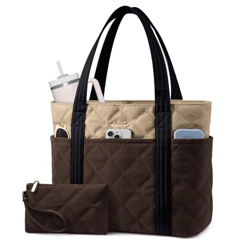LOVEVOOK Puffer Tote Bag for Women, Puffy Work Handbag with Cup Holder, Travel Carry On Bag with Zipper for Teacher Nurse Gym - color: Mocha Brown-almond-black, size: 15.6 Inch-27L