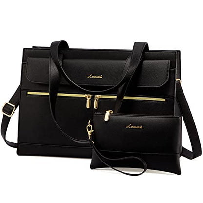 LOVEVOOK Laptop Tote for Women - 15.6 Inch Professional PU Leather Computer Briefcase, Waterproof Handbag, Large Capacity Business Teacher Office Bag, Crossbody Purse - Black - color: Black-2, size: 15.6 Inch