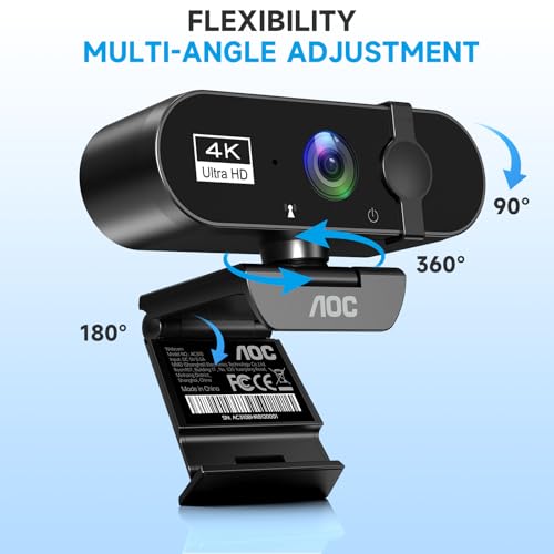 AOC 4K Webcam for PC, Streaming Computer Camera with Noise-Canceling Mic | 90° FOV, Privacy Cover, Plug & Play, Zoom/Skype/FaceTime Compatible, Works with Mac/Laptop/Switch 2, USB C-A Adapter Included - color: Black
