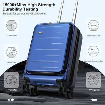 CENSIEN 20 Inch Carry On Luggage 22×14×9 Airline Approved with Front Pocket | Front Opening with Laptop Pocket,Lightweight ABS+PC Hard Shell Suitcases,360° Spinner Wheels,TSA Lock,YKK Zipper,Blue - color: Navy Blue, size: 20 Inch