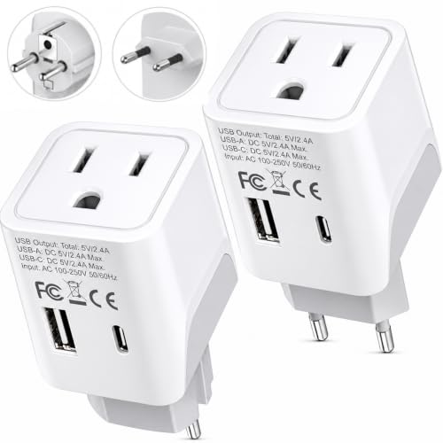 Ceptics European Travel Plug Adapter – Compact Type C & F Adapter with USB-C & A + USA Input – Safe Grounded Schuko Adapter – Travel Charger for France, Germany & More – CTU-9-9C-PK | European Adapters for Travel, Type C & E/F, Grounded Schuko Adapter for