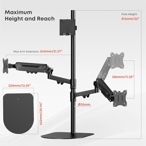 PUTORSEN Freestanding Triple Monitor Stand, Up to 49", Holds 44 lbs | Fully Adjustable Heavy-Duty Gas Spring Arm, VESA 75/100mm, Larger base and built-in cable management, Black - size: Triple Arms