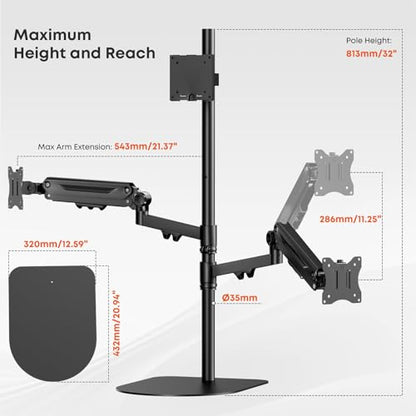 PUTORSEN Freestanding Triple Monitor Stand, Up to 49", Holds 44 lbs | Fully Adjustable Heavy-Duty Gas Spring Arm, VESA 75/100mm, Larger base and built-in cable management, Black - size: Triple Arms