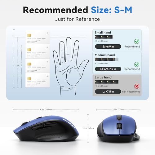 TECKNET Wireless Mouse for Laptop, Dual-Mode Bluetooth Wireless Mouse | (BT5.2/3.0 & 2.4G) Connection, Ergonomic Design, 5-Level DPI, Silent Click, Compatible with Laptop/PC/Windows/Chromebook - color: Blue