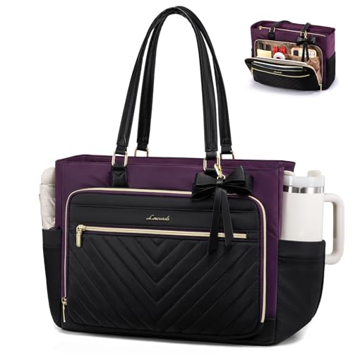 LOVEVOOK Tote Bag, Laptop Bag for Women with Large Cup Holder, Work Teacher Tote Bag with Large Cup Holder, Nurse Diaper Bag for Travel, Women's Handbags for Teacher gift, Black-Purple, 15.6 Inch - color: Black-purple, size: 15.6 Inch