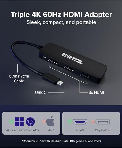 Plugable USB C to HDMI Multi Monitor Adapter | Triple 4K60 Displays | Driverless MST Hub for Windows, Chrome OS, USB-C, Thunderbolt, USB4 Laptops | Multi HDMI Ports, HDR & HDCP Compliant (USBC-MSTH3)