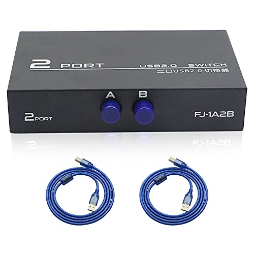QIANRENON Printer Sharing Adapter, 2-Port USB 2.0 Switch for Sharing USB Devices Between 2 Computers, Includes 2 Pack USB 2.0 Male Cable
