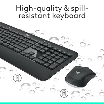 Logitech MK540 Full Size Advanced Wireless Keyboard and Mouse Combo | Full size quiet keyboard with number pad & integrated palm rest, full size ambidextrous mouse, includes USB-A Nano Receiver