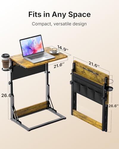 HUANUO Adjustable TV Tray Table – Easy Assembly Folding Desk with Cup Holder, Storage Bag & Tablet Slot, Height Adjustable TV Tray for Bed, Couch & Living Room with Space-Saving Design
