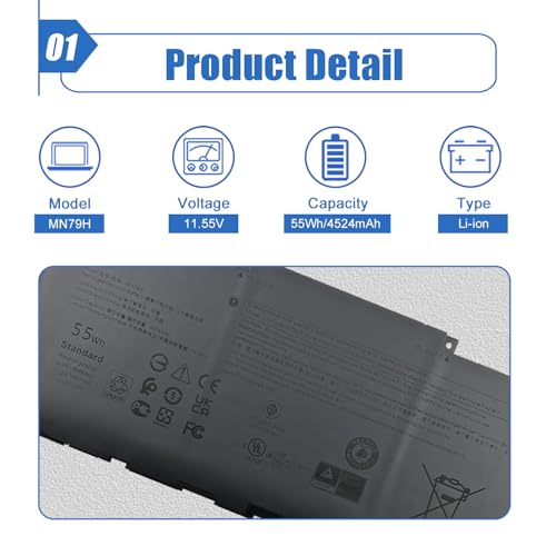 55Wh MN79H Laptop Battery Replacement for Dell XPS 13 Plus 9320 XPS9320-7523BLK-PUS XPS9320-7585SLV-PUS Series Notebook J7H5M 0J7H5M NXRKW 0NXRKW 11.55V - size: 10.43*4.33*0.22 inch MN79H