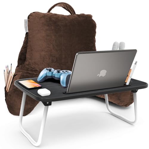 Clara Clark Reading Pillow with Portable Lap Desk Set for Kids, Back Pillow for Sitting Up in Bed, Memory Foam Back Support Pillow, Bed Rest Pillow with Foldable Laptop Desk, Small - Chocolate Brown - color: Chocolate Brown, size: Petite/Small