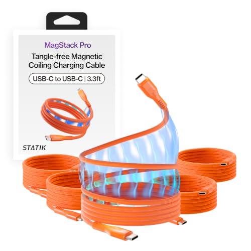 Statik MagStack Pro USB C to USB C Coiling Magnetic Charging Cable,100W | Nylon Braided Tangle-Free Design, Magnetic Coiling, Data Transfer, Compatible with iPhone & Android, 3FT Orange, 5 Pack - color: Orange, size: 3ft (5 Pack), style: USB-C to USB-C