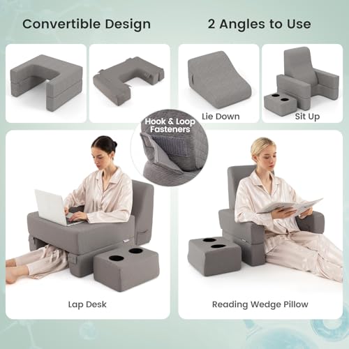 Giantex Reading Pillow for Gaming, Extra Large Lap Desk for Laptop with Back Arm Rest & Cup Holder for Adult, Adjustable Gaming Pillow for Reading Crochet Working & Writing on Bed Floor Sofa & Couch