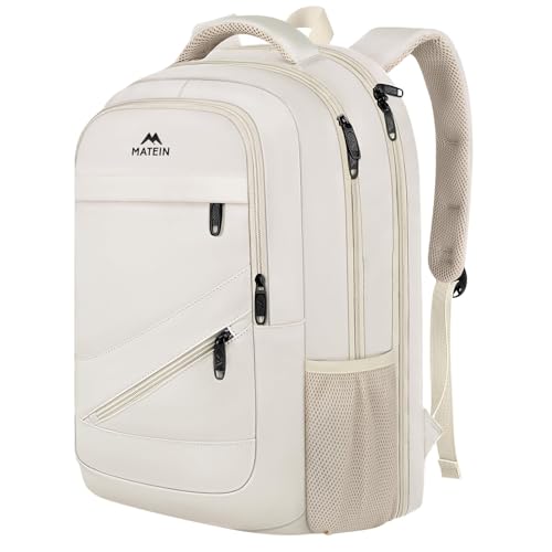 MATEIN Beige Laptop Backpack for Women, Large Capacity TSA Travel Backpack | Water Resistant Teacher Bag with Luggage Strap & Anti Theft Pocket, College Bookbag Fits 17 In Computer, Stylish Work Daypack - color: Beige, size: 17 Inch