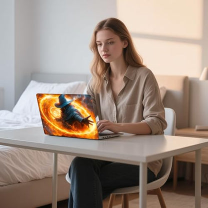 Aesthetic Laptop Skin Sticker, Blue Hat Mage with Swirling Fire Magic Waterproof Vinyl Laptop Decal, Removable Bubble Free, Reusable Protective Cover for 13 14 15 15.6 Inch - color: Blue Hat Mage with Swirling Fire Magic