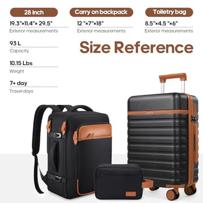 UKEIN Luggage Sets 3 Piece, PC Hardside Large Luggage 28 Inch With Spinner Wheels with TSA Lock, Checked Suitcase Set With Travel Backpack for Men (Black, 3 piece set (28inch)) - color: Black, size: 3 piece set (28inch)