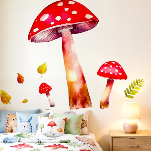 Watercolor Mushroom Wall Decals, Forest Wall Decor for Kids Room, Bedroom | Watercolor Woodland Leaves Nursery Wall Stickers for Kids Room, Playroom, Bedroom - Boho Removable Vinyl Decor Art Mural - style: Mushroom#4
