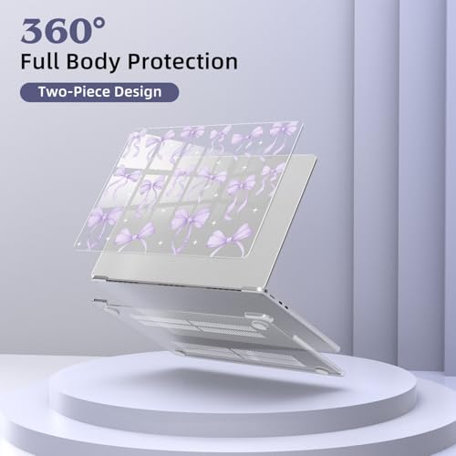 for MacBook Air 13.6 Inch Case M5/M4/M3/M2 2026-2022 Release A3449 A3240 A3113 A2681 Purple Bow Design Crystal Clear Girly Case Laptop Protective Hard Shell Cover - color: Bow/Purple