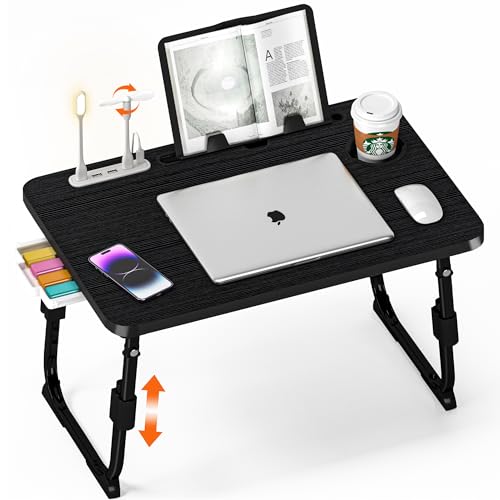 Lap Desk for Bed, Adjustable Laptop Desk with USB Charging Port, Storage Drawer & Bookshelf — Foldable Bed Desk for WFH & Students, 23.6" Desktop Fits 17" Laptop, Non-Slip, Black - color: Black