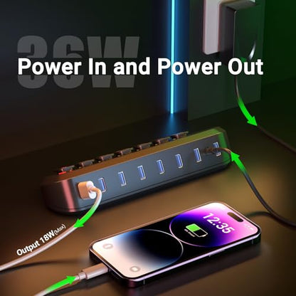 Powered USB Hub, atolla 7-Port USB 3.0 hub (6 Superspeed Transfer Ports+ 1 Fast Charging Port) with Swappable Illuminated Icon Switch and 12V/3A Power Adapter for Windows, MacOS, ChromeOS, Linux