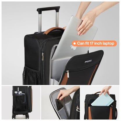 mixi Carry On Luggage 20 Inch Softside Expandable Suitcase, Black | Front Pocket, 22x14x9 Airline Approved, Rolling Spinner Wheels, TSA Lock, Lightweight - color: Black