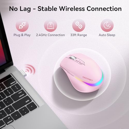 TECKNET Wireless Mouse Jiggler, Rechargeable Mouse with Built-in Mouse Mover, 6 Adjustable DPI & 14 LED Modes, Silent Click, Undetectable Random Movement Keeps Computer Awake for Laptop/PC/Mac- Pink - color: Pink