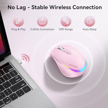 TECKNET Wireless Mouse Jiggler, Rechargeable Mouse with Built-in Mouse Mover, 6 Adjustable DPI & 14 LED Modes, Silent Click, Undetectable Random Movement Keeps Computer Awake for Laptop/PC/Mac- Pink - color: Pink