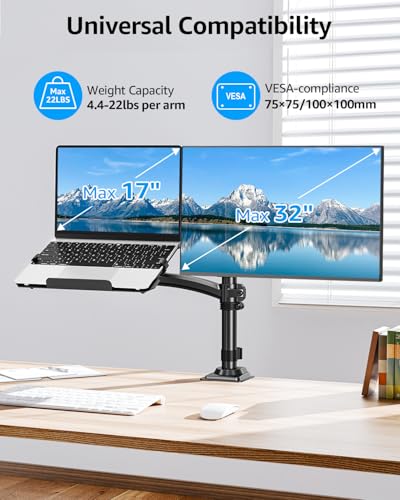 MOUNTUP Laptop and Monitor Desk Mount, Laptop Tray for Max 17" Notebook, Monitors Arm Fits up to 32" Monitor, Laptops Arm Holds 4.4-22lbs, 2-in-1 Tall Laptops Mount with Clamp/Grommet - size: Dual, style: With Pole
