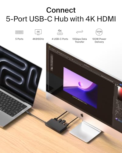 Belkin USB-C Hub 5-Port 4K HDMI 100W PD for MacBook, iPad, laptops & More | 10Gbps data transfer, 4K HDMI display support, compatible with MacBook, iPad Pro, Chromebook, and PC - style: 5-in-1 Display Hub