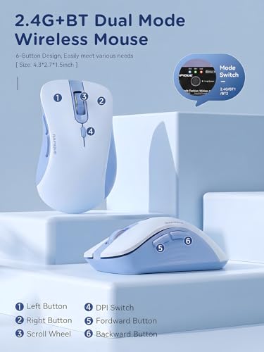 RAPIQUE Bluetooth Wireless Mouse, Dual Bluetooth & 2.4GHz, Light Blue | Quiet Clicks, Right-Hand Ergonomic 6 Button, Adjustable DPI, AA Battery, 3-Device Switching for Laptop, PC, Mac, Tablet - color: Light Blue
