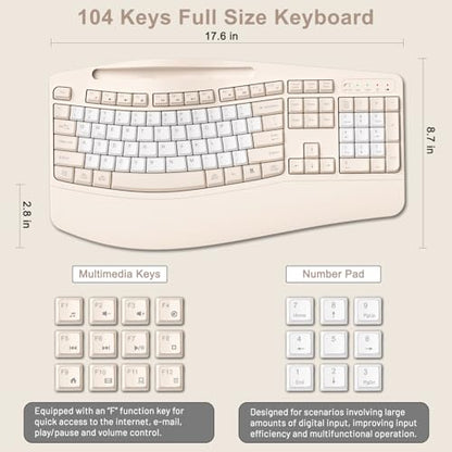 Wireless Keyboard and Mouse Combo, 2.4G Full Size Wave Keys Ergonomic Keyboard with Wrist Rest, Phone Holder, 3-Level DPI Wireless Silent Mouse with 6-Buttons, for Windows (Milk Tea-B) - color: Milk Tea-B