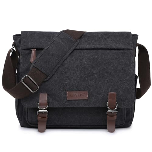 Large Vintage Canvas Messenger Shoulder Bag Travel Crossbody Purse Briefcase Business Bag for 15inch Laptop - color: Black