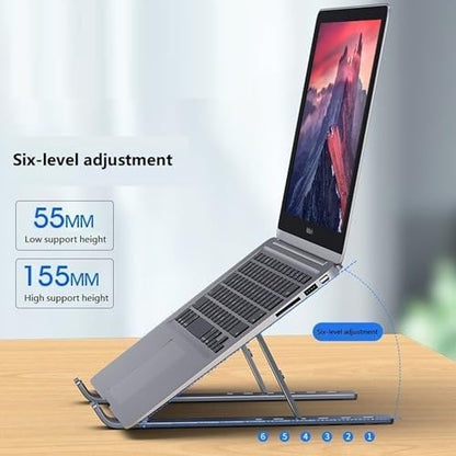 Aluminum Laptop Stand, 6-Height Adjustable Portable Foldable Laptop Holder - Hollow Out Cooling Elevated Desk Stand with Anti-Slip Silicone, Compatible with Notebooks, Tablets