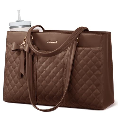 LOVEVOOK Laptop Tote Bag for Women,15.6 Inch Work Bags PU Leather Teacher Tote Bag,Waterproof Quilted Computer Bag for Office Professional Briefcase Gifts - color: Dark Brown-a, size: 15.6 Inch