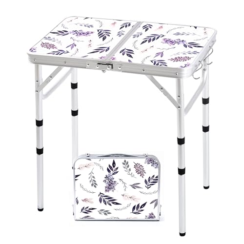Yriuat Folding Camping Table 2ft Portable Picnic Table Adjustable Height Small Card Table Aluminum Foldable Lightweight with Carry Handle for Outdoor Indoor Hiking Camp BBQ Beach (Misty Lilac) - color: Misty Lilac, size: 24"l X 16"w X 24"h